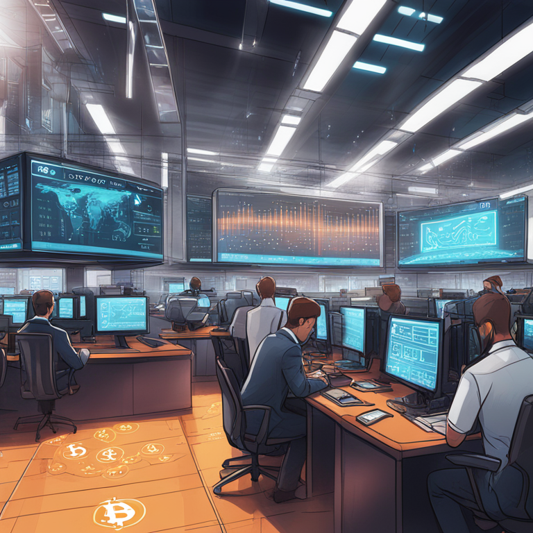 Illustration of a bustling financial exchange floor with digital elements representing Bitcoin and futuristic trading symbols, hand-drawn digital illustration, Artstation HQ, digital art