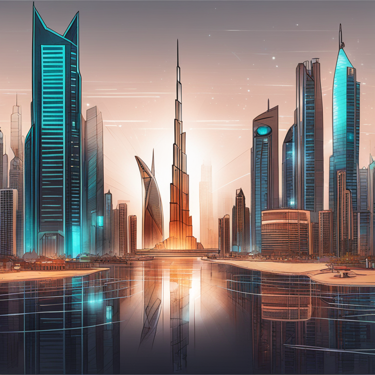 hand-drawn digital illustration of futuristic Dubai skyline with blockchain concept, Artstation HQ, digital art