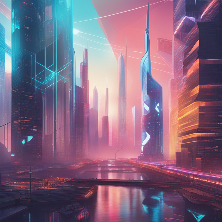 hand-drawn digital illustration, Artstation HQ, digital art, depicting the future of digital asset regulation with a futuristic Dubai cityscape in the background and layers of blockchain technology intertwined. Abstract, colorful, and modern design style, inspired by the artwork of Beeple and Donato Giancola.