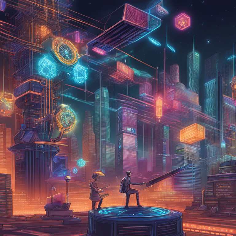 hand-drawn digital illustration, Artstation HQ, digital art depicting a seamless blend of traditional regulatory tools and futuristic blockchain elements, showcasing VARA's balancing act between regulation and innovation. Detailed, colorful, and dynamic, inspired by modern themes of finance and technology.