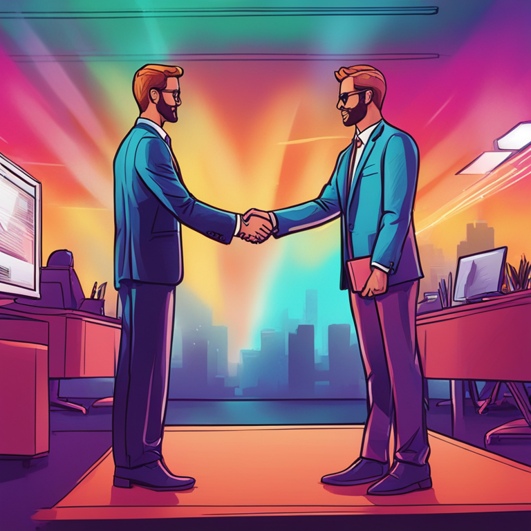 hand-drawn digital illustration of a business executive shaking hands with a tech startup founder, vibrant background, Artstation HQ, digital art