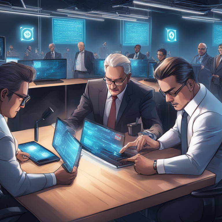 Detailed digital illustration of blockchain being scrutinized by regulatory officials, Artstation HQ, digital art