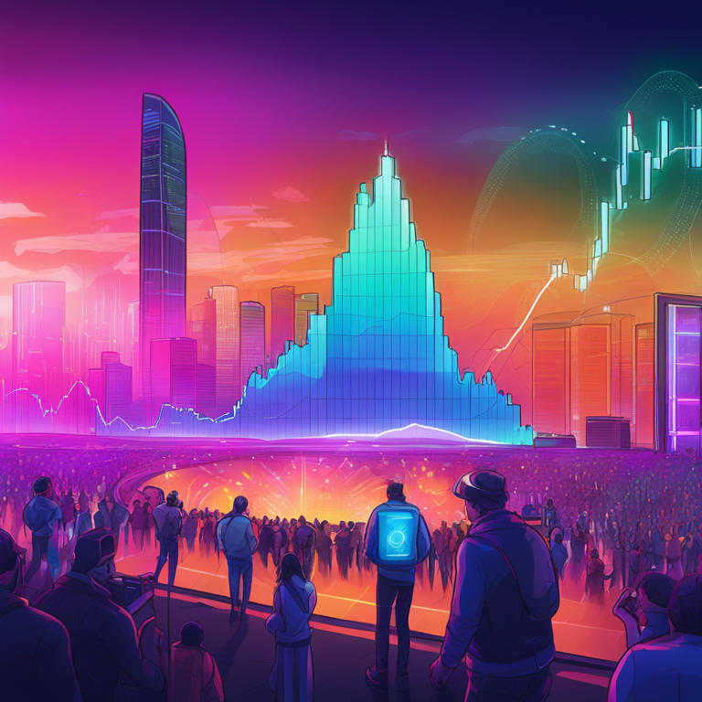 Illustration of cryptocurrency market on the rise, featuring modern digital charts, vibrant colors, Artstation HQ, digital art, and futuristic visuals, hand-drawn digital illustration