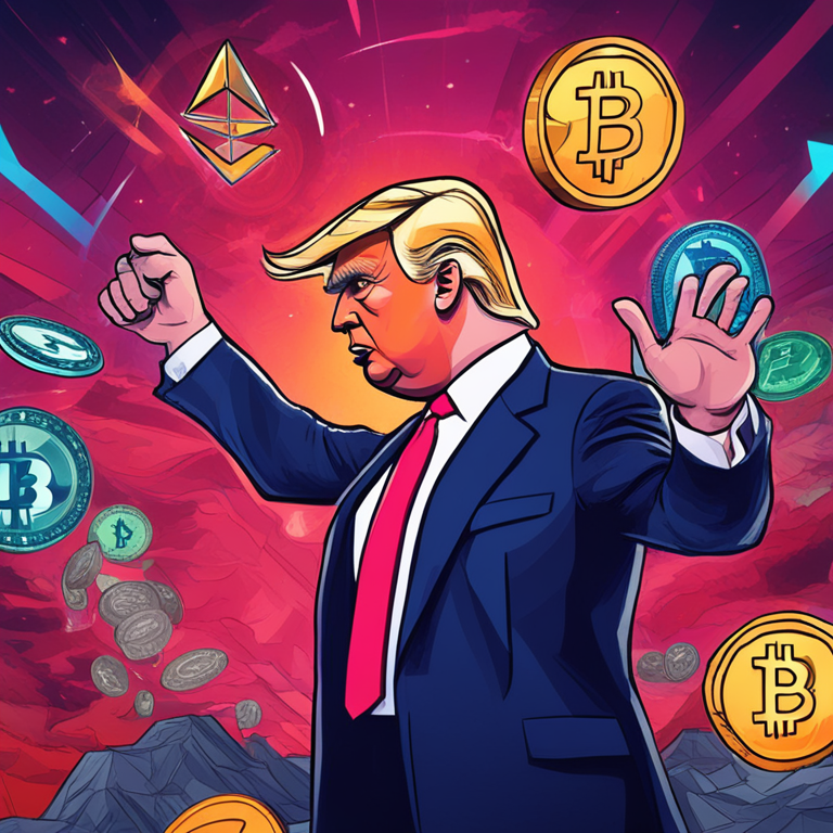 hand-drawn digital illustration, Artstation HQ, digital art of Donald Trump and cryptocurrency symbols evolving over time, showing both skepticism and eventual support, vibrant colors, abstract concepts, trending on Artstation