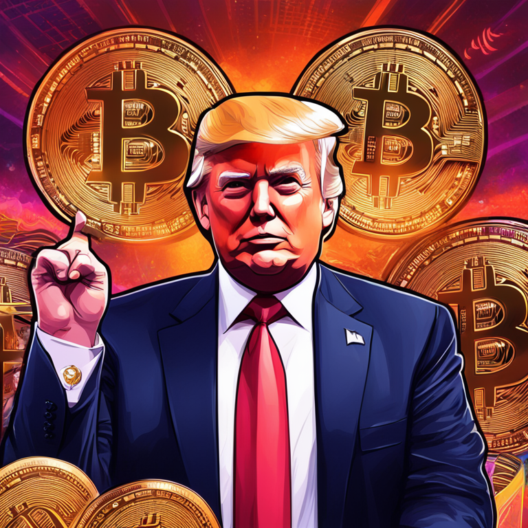 hand-drawn digital illustration, Artstation HQ, digital art of Donald Trump with a Bitcoin-themed background, emphasizing his crypto presidency, vibrant colors, modern style, detailed, abstract financial elements, trending on Artstation