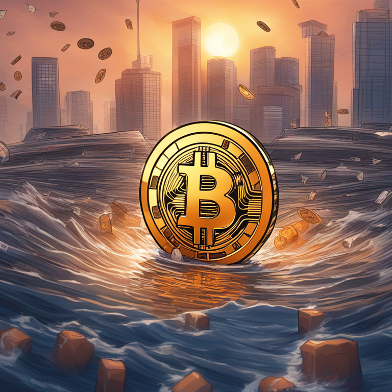 Digital illustration of Bitcoin and stablecoins flooding the market, highlighting trading activities, Artstation HQ, digital art