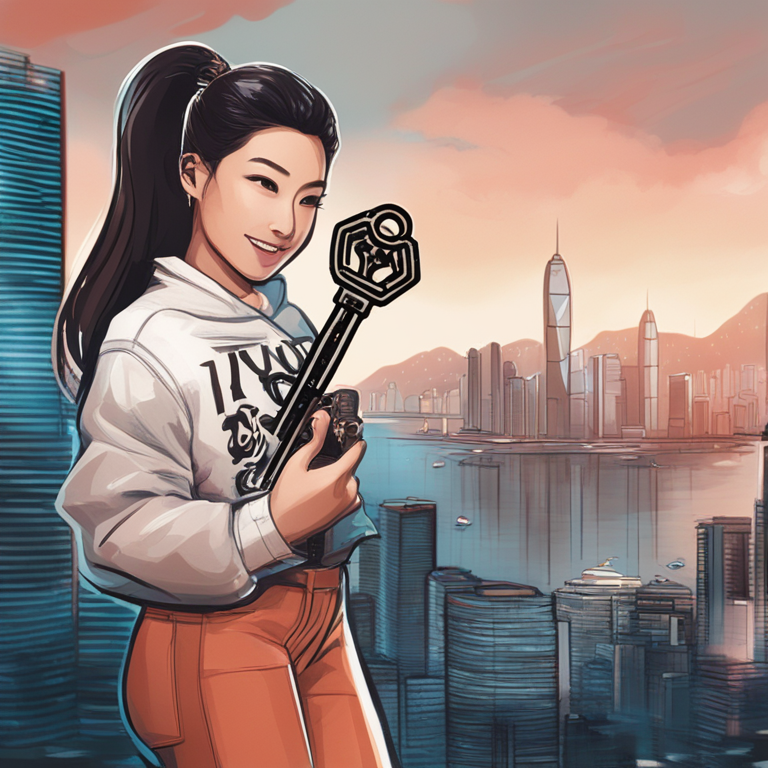 Hand-drawn digital illustration of a person holding a large key labeled 'Type 4 License' with Hong Kong skyline in the background, Artstation HQ, digital art