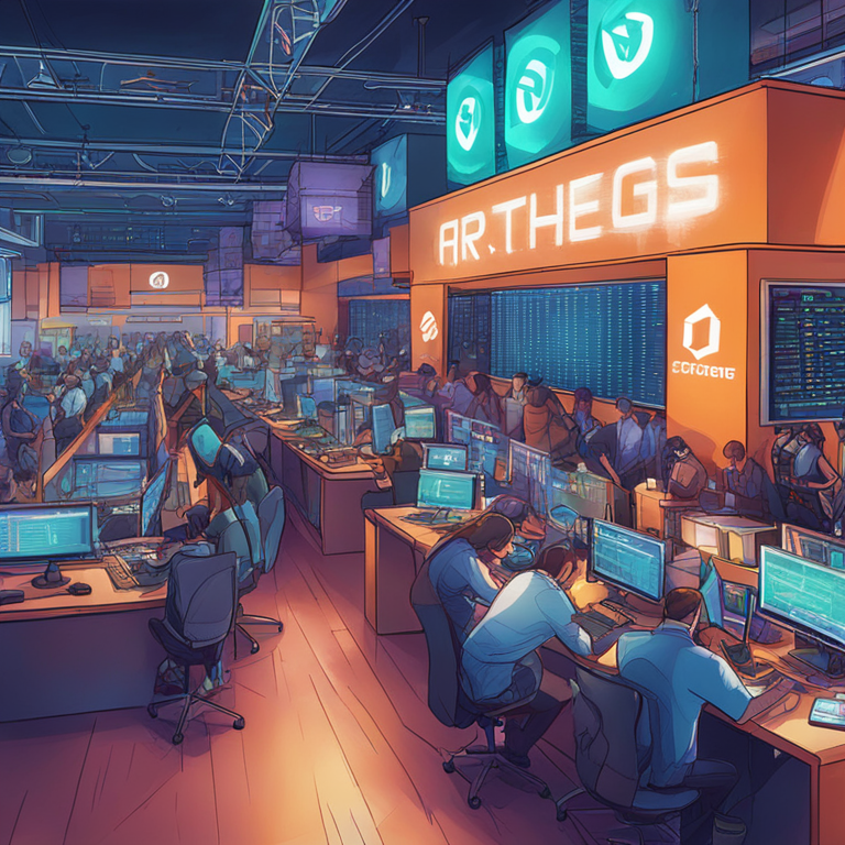 hand-drawn digital illustration of a bustling cryptocurrency exchange, Artstation HQ, digital art, capturing dynamic market movements, vibrant colors, modern style, detailed elements