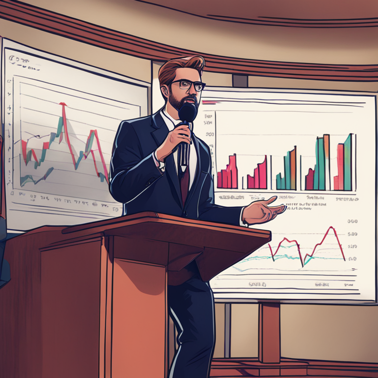 Hand-drawn digital illustration of a business executive speaking at a podium with graphs and charts in the background, Artstation HQ, digital art