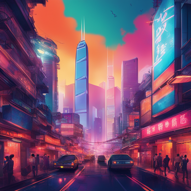 A dynamic, stylized illustration of Hong Kong's skyline with a futuristic twist, digital art, Artstation HQ, vibrant colors, high-tech elements integrated into traditional architecture