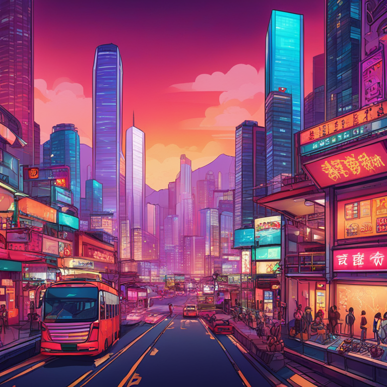 hand-drawn digital illustration, Artstation HQ, digital art, abstract representation of dual licenses acquisition in Hong Kong, vibrant colors, modern cityscape background, detailed corporate icons, trending on Artstation