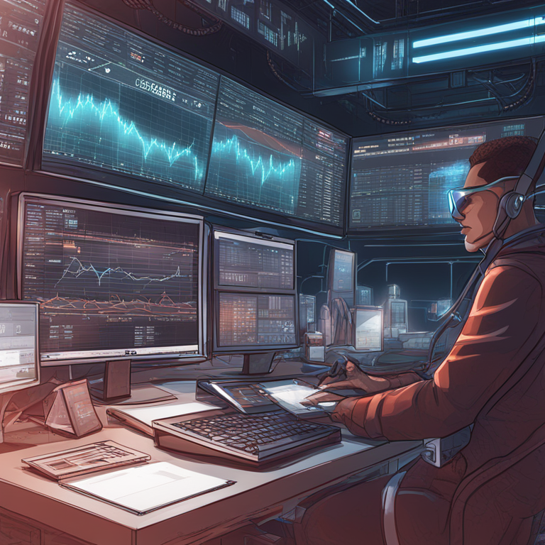 A detailed digital illustration depicting market analytics, technical indicators such as SMA and RSI, with a futuristic aesthetic, hand-drawn digital illustration, Artstation HQ, digital art