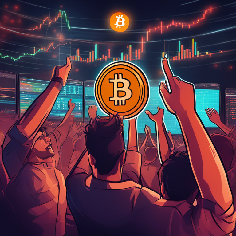 hand-drawn digital illustration, Artstation HQ, digital art showing Bitcoin skyrocketing with dynamic and detailed candlestick chart, vibrant colors, trending on Artstation, illustration of bullish rally with excited investors in the background