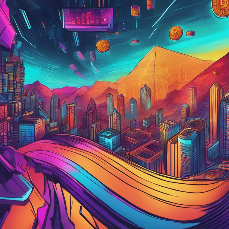 hand-drawn digital illustration, Artstation HQ, digital art, Bitcoin ETF approval and Halving event portrayed in an abstract way, vibrant colors, futuristic setting, crypto market climb, trending on Artstation