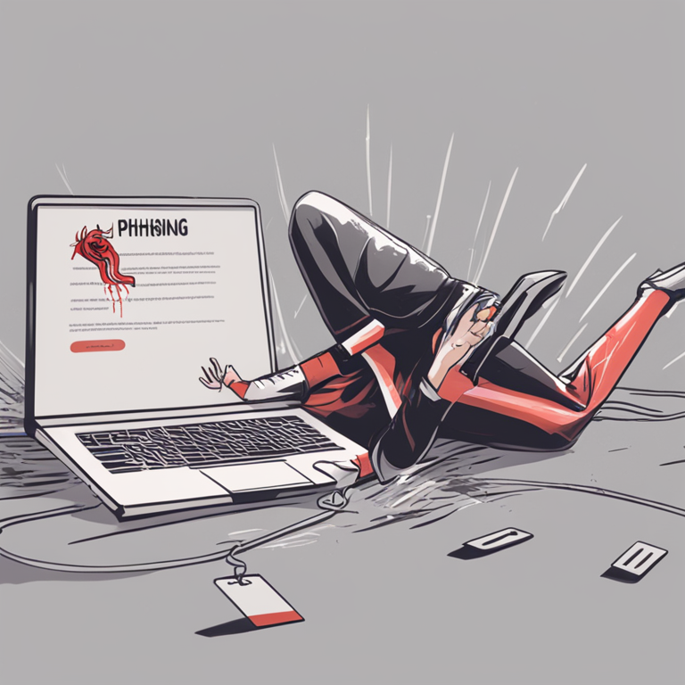 Hand-drawn digital illustration of a person falling victim to a phishing attack, with pop-up warnings, Artstation HQ, digital art