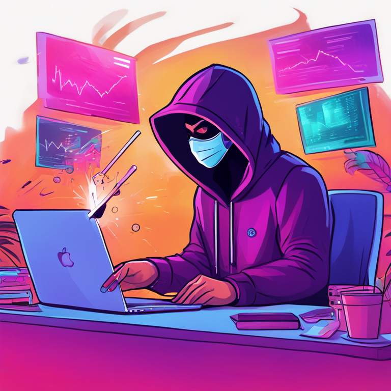 Hand-drawn digital illustration of a phishing attack on an NFT trader, depicting a masked hacker stealing digital art assets, vibrant colors, Artstation HQ, trendy and modern style