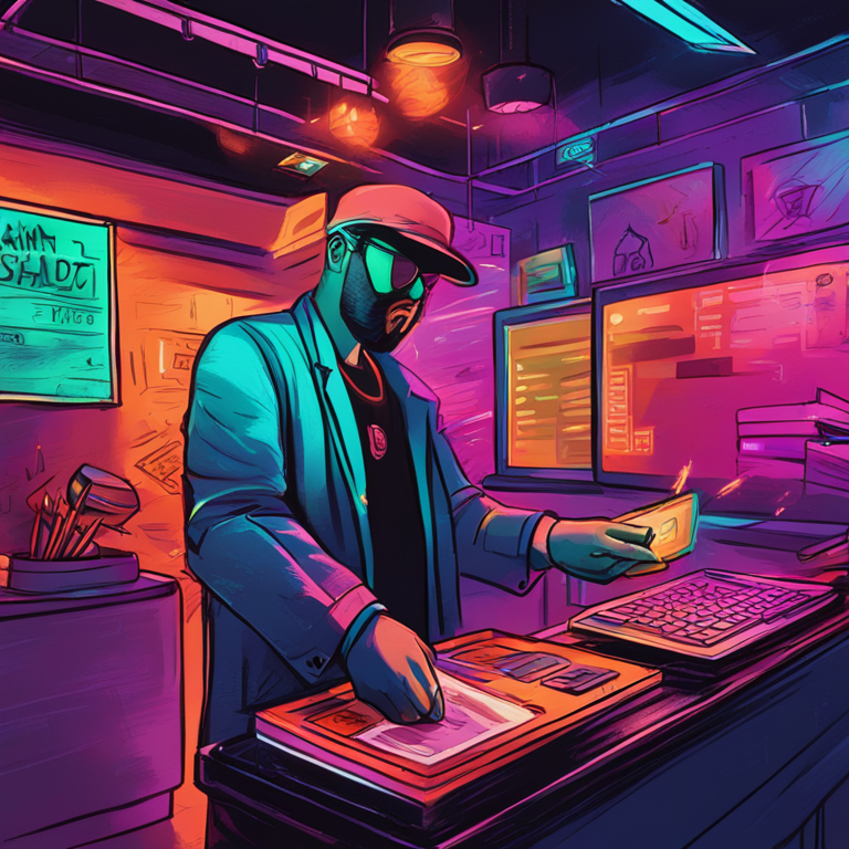 A hand-drawn digital illustration depicting a dramatic phishing attack on an NFT trader's digital wallet, in the style of Artstation HQ, vibrant colors, and digital art.