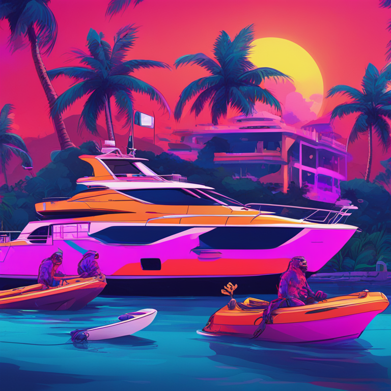 A digital illustration showing various Bored Ape Yacht Club NFTs being stolen through a phishing attack, with vibrant colors and a dramatic style reminiscent of Artstation HQ.