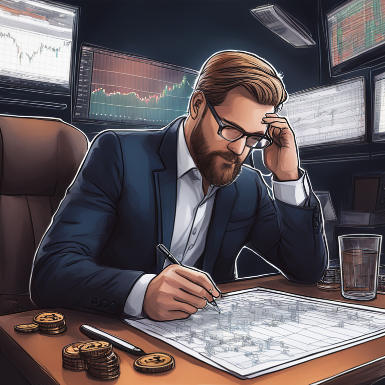 Hand-drawn digital illustration of Peter Brandt analyzing bitcoin market charts, digital art, detailed, Artstation HQ