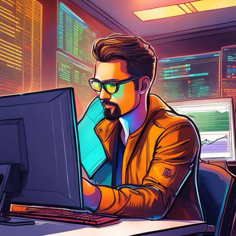 a hand-drawn digital illustration of a confident trader analyzing a Bitcoin chart on a computer screen, Artstation HQ, digital art, vibrant colors, modern, detailed