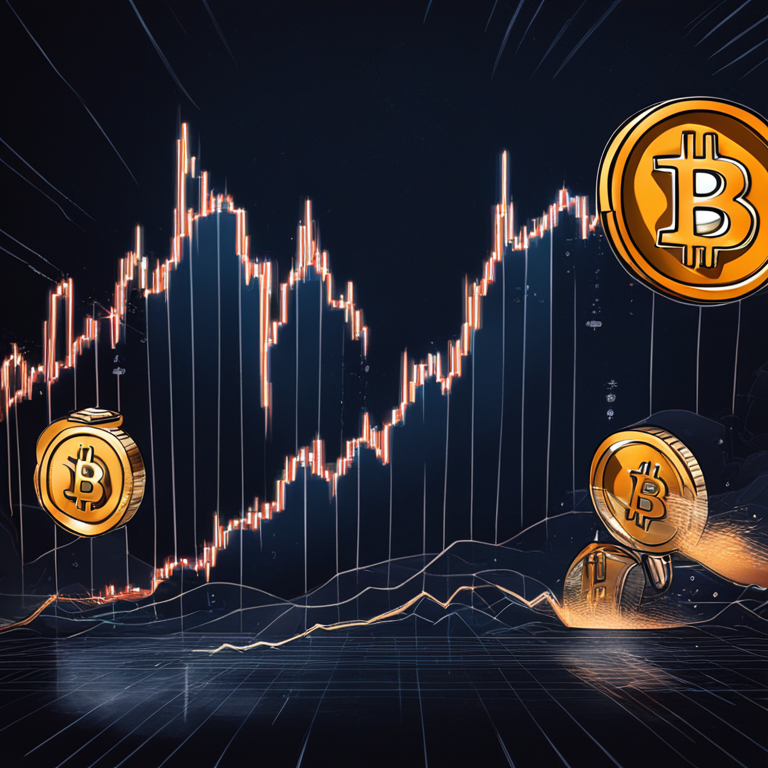 hand-drawn digital illustration of Bitcoin rising and falling with financial graphs, Artstation HQ, digital art