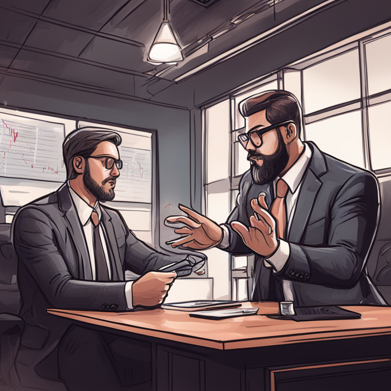 Hand-drawn digital illustration of a financial advisor warning an investor about cryptocurrency exchanges, Artstation HQ, digital art