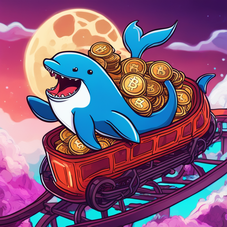 hand-drawn digital illustration of a cryptocurrency whale holding wrapped Bitcoins while riding a rollercoaster, vibrant colors, Artstation HQ, digital art, trending magazine style