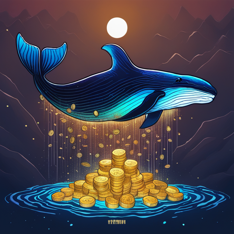 hand-drawn digital illustration, Artstation HQ, digital art, a large majestic whale in an ocean of digital currencies, wrapped Bitcoin token, ethereum blockchain, trading charts, trending on Artstation, vibrant colors