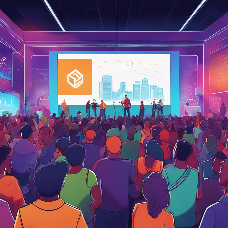 Hand-drawn digital illustration of a vibrant blockchain conference with diverse attendees and an engaging speaker on stage, Artstation HQ, digital art, modern event, dynamic atmosphere, diverse crowd, cityscape backdrop