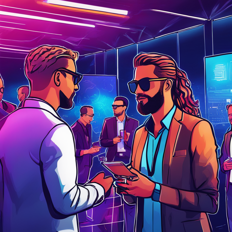 Hand-drawn digital illustration of networking event at Blockchain Futurist Conference, vibrant colors, digital art, Artstation HQ, futuristic ambiance