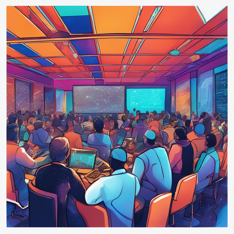 Hand-drawn digital illustration of a bustling blockchain conference, with participants engaged in discussions and networking, Artstation HQ, digital art, vibrant colors, futuristic setting