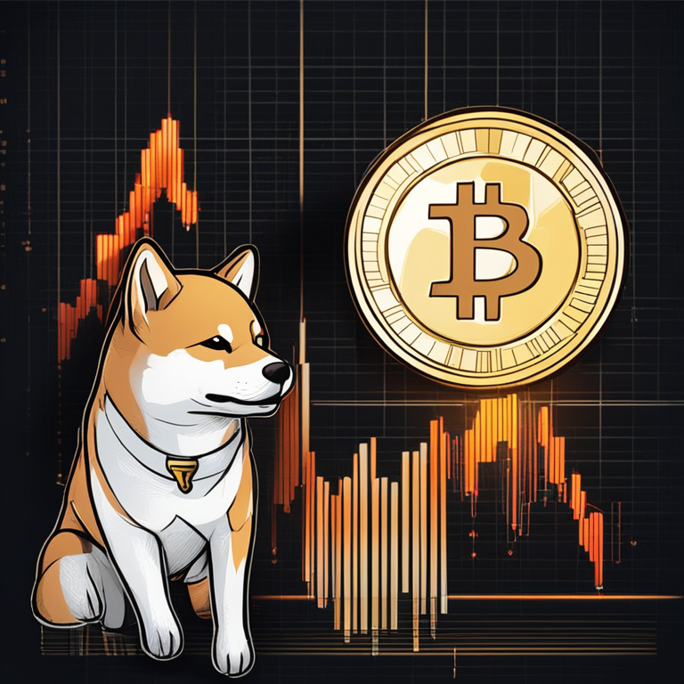 Hand-drawn digital illustration of Shiba Inu cryptocurrency symbol with an upward price chart and technical indicators, Artstation HQ, digital art, financial market theme