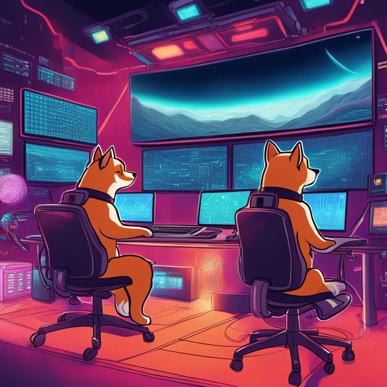 hand-drawn digital illustration, two Shiba Inu dogs in a futuristic control center, analyzing data on high-tech screens, digital art, Artstation HQ, vibrant colors, detailed, whimsical expressions, background of a virtual blockchain landscape