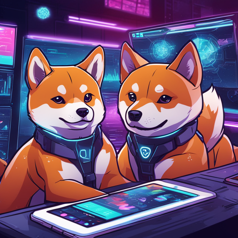 futuristic hand-drawn digital illustration of Shiba Inu dogs managing DeFi operations on shiny touch screens with futuristic UI elements, Artstation HQ, futuristic design, vibrant colors, digital art