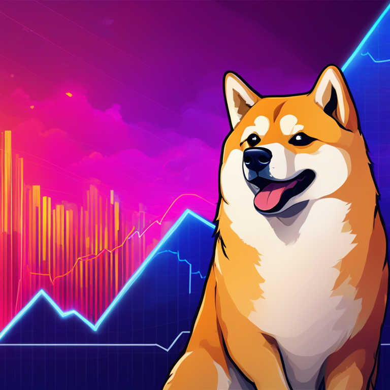 Dogecoin price rally illustration, Artstation HQ, digital art, hand-drawn digital illustration showing Dogecoin on a price chart, vibrant and abstract colors, trending on Artstation, dynamic financial graph background