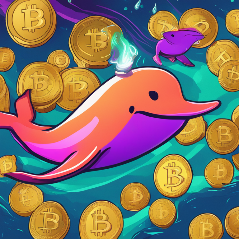 An abstract digital illustration of Dogecoin whale selling tokens on Robinhood, vibrant colors, hand-drawn style, Artstation HQ