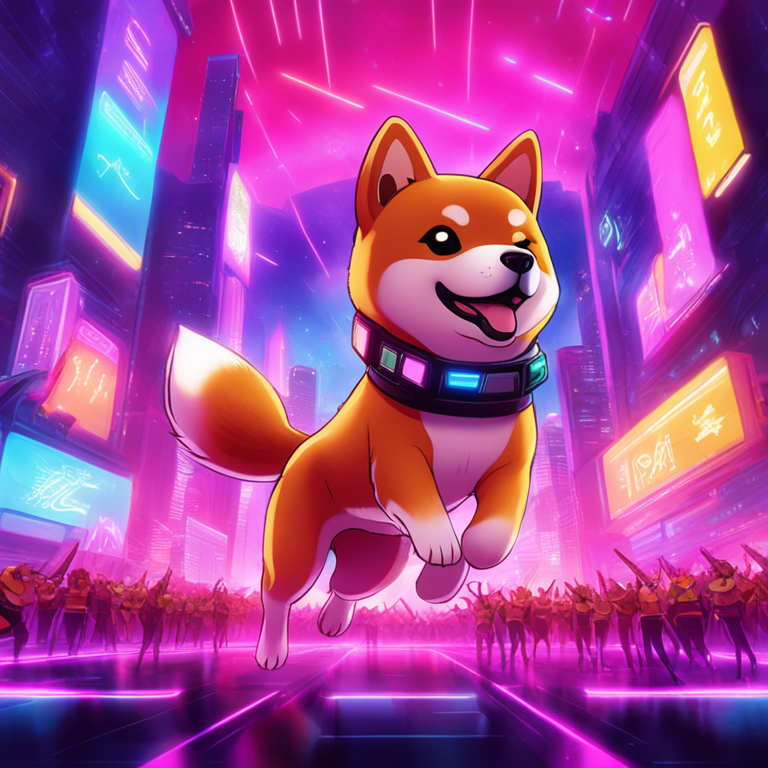 Digital illustration of Shiba Inu Shibarium Launch with futuristic theme, Artstation HQ, digital art, colorful and vibrant celebration scene, by trending artists, high-tech background, Shiba Inu mascot hovering in neon lights