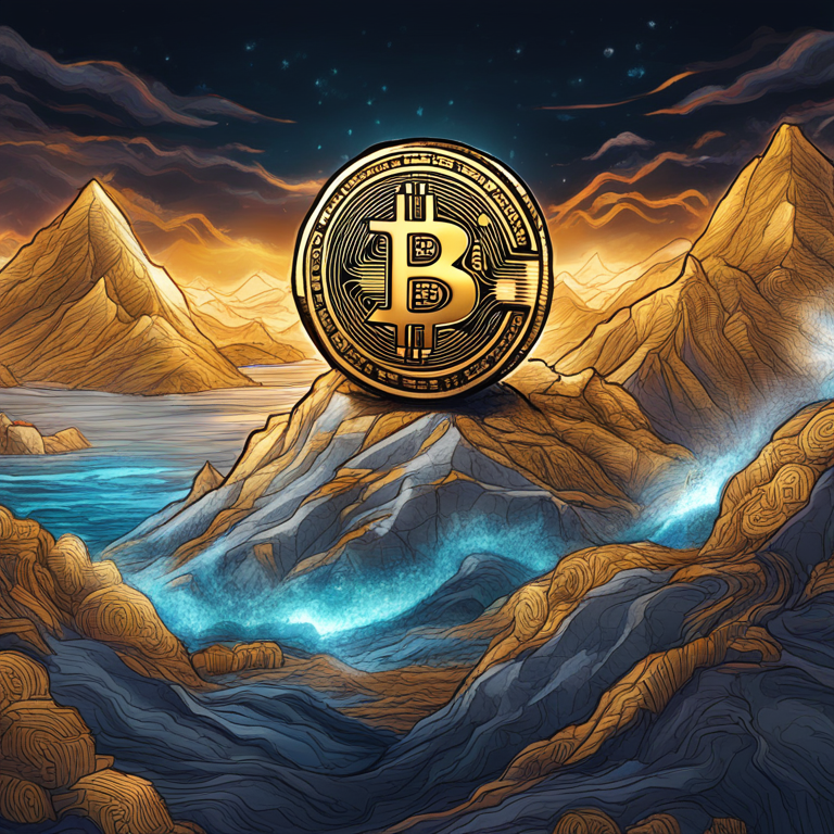 A detailed hand-drawn digital illustration of a golden Bitcoin surpassing $65,000, Artstation HQ, digital art, modern and vibrant design, blockchain representation