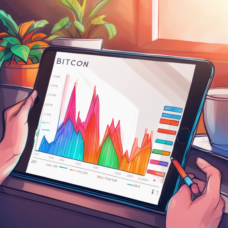 hand-drawn digital illustration, Artstation HQ, digital art—trending upward graph on a tablet screen, showing rising Bitcoin prices, vibrant colors, modern, detailed