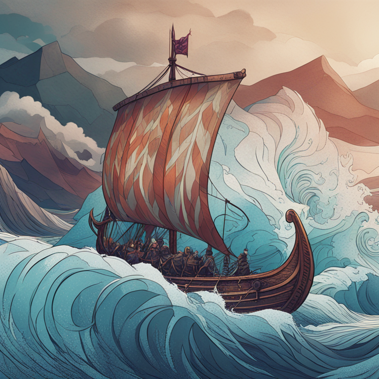 hand-drawn digital illustration, Artstation HQ, digital art—a Viking ship with 'Floki' branding sailing through digital waves, trending colors, modern, detailed