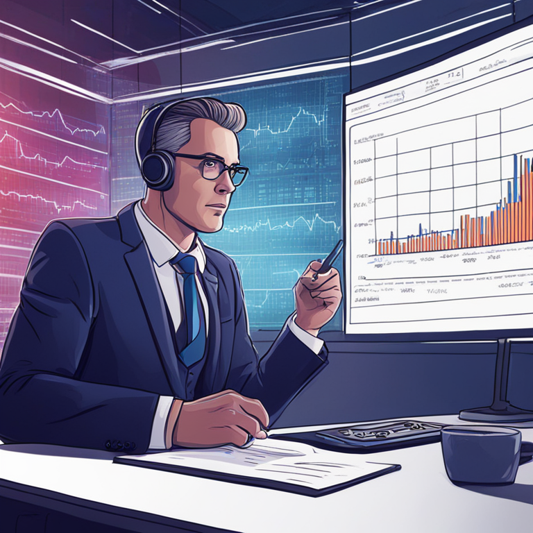 hand-drawn digital illustration of a financial expert speaking about inflation data, futuristic background, Artstation HQ, digital art, trending illustrations, thoughtful expression, professional attire, detailed visuals