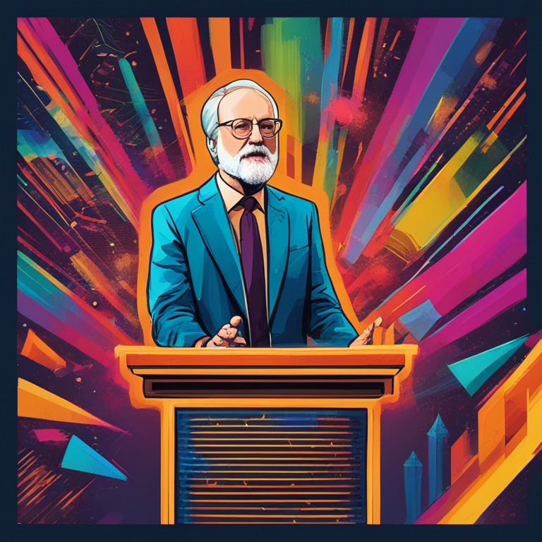 Hand-drawn digital illustration of John Williams speaking at a podium, surrounded by abstract representations of inflation and interest rates, vibrant colors, Artstation HQ, digital art