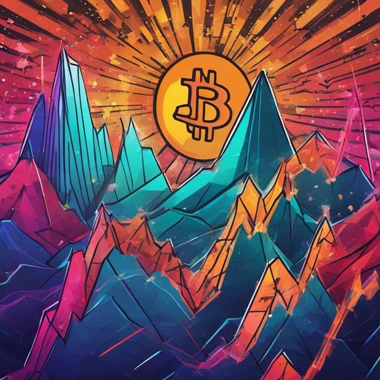 A digital illustration of a Bitcoin chart showing a rise in prices, Artstation HQ, trending, vibrant colors, hand-drawn digital illustration by famous cryptocurrency artist, graph symbolizing financial growth, futuristic background, detailed and modern art style