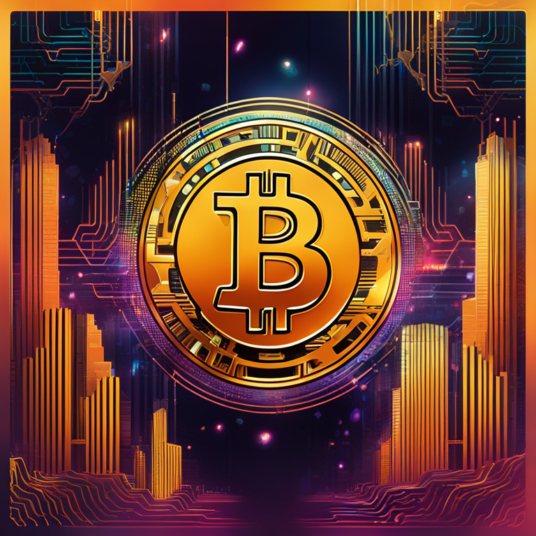 Abstract digital artwork of Bitcoin rising against a futuristic background, Artstation HQ, vivid and bold colors, hand-drawn illustration, modern, cryptocurrency bull market representation, detailed and energetic art style