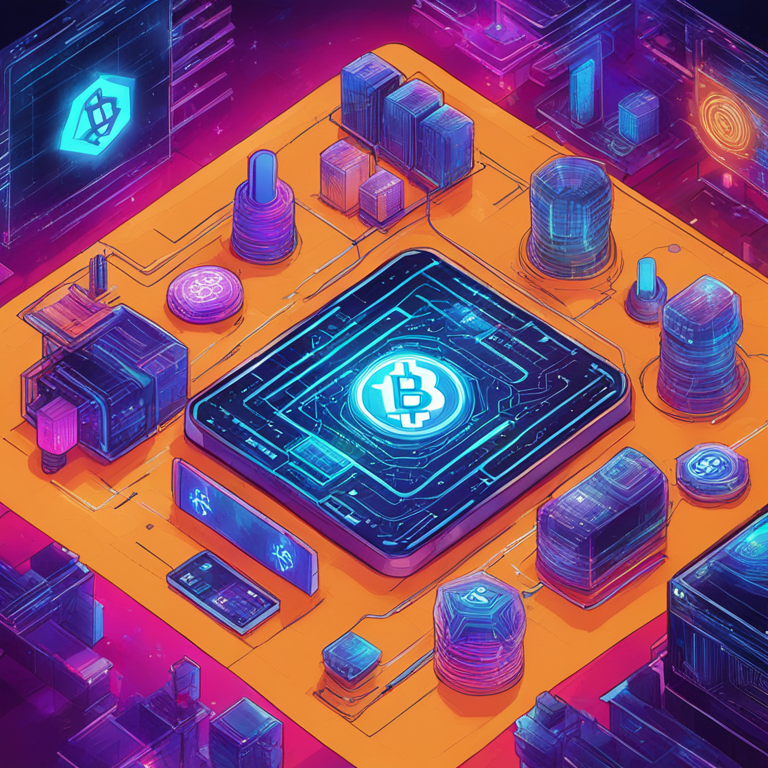 Hand-drawn digital illustration of futuristic blockchain and cryptocurrency technology with vibrant colors and detailed design, trendsetting on Artstation HQ, inspired by modern digital art