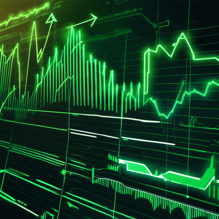 hand-drawn digital illustration of a bullish financial graph, Artstation HQ, digital art, vibrant green arrows, abstract futuristic design, concept of trading volume surge, dynamic trading platform background with crypto symbols