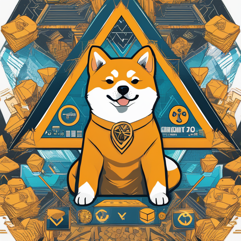 hand-drawn digital illustration, Artstation HQ, digital art, of a Shiba Inu dog surrounded by cryptocurrency symbols in a symmetrical triangle pattern, vibrant colors, trending on Artstation, financial growth theme