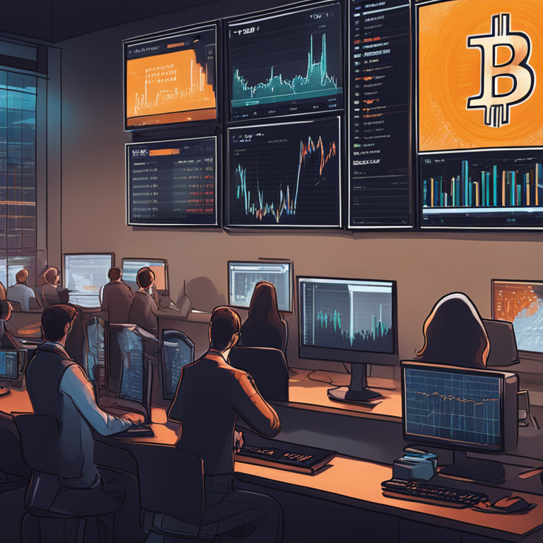 Institutional investors eagerly watching Bitcoin's price on fluctuating graphs, hand-drawn digital illustration, Artstation HQ, digital art