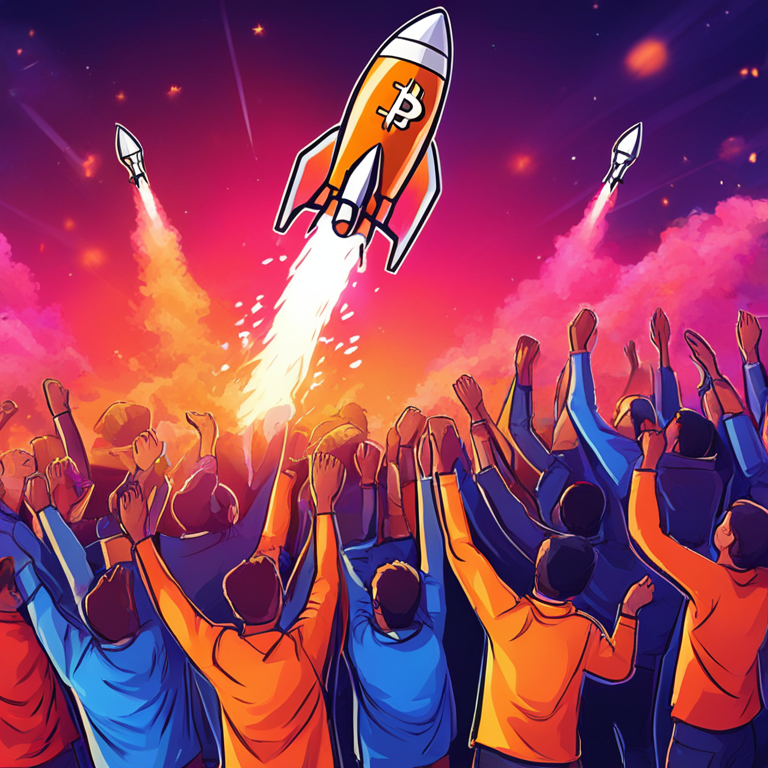 Digital artwork of investors cheering as a Bitcoin rocket launches, vibrant colors, trending on Artstation