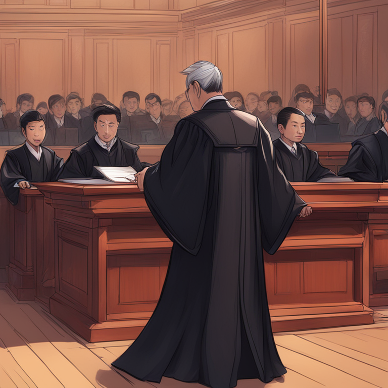 hand-drawn digital illustration, courtroom scene with a judge and Changpeng Zhao, Artstation HQ, digital art